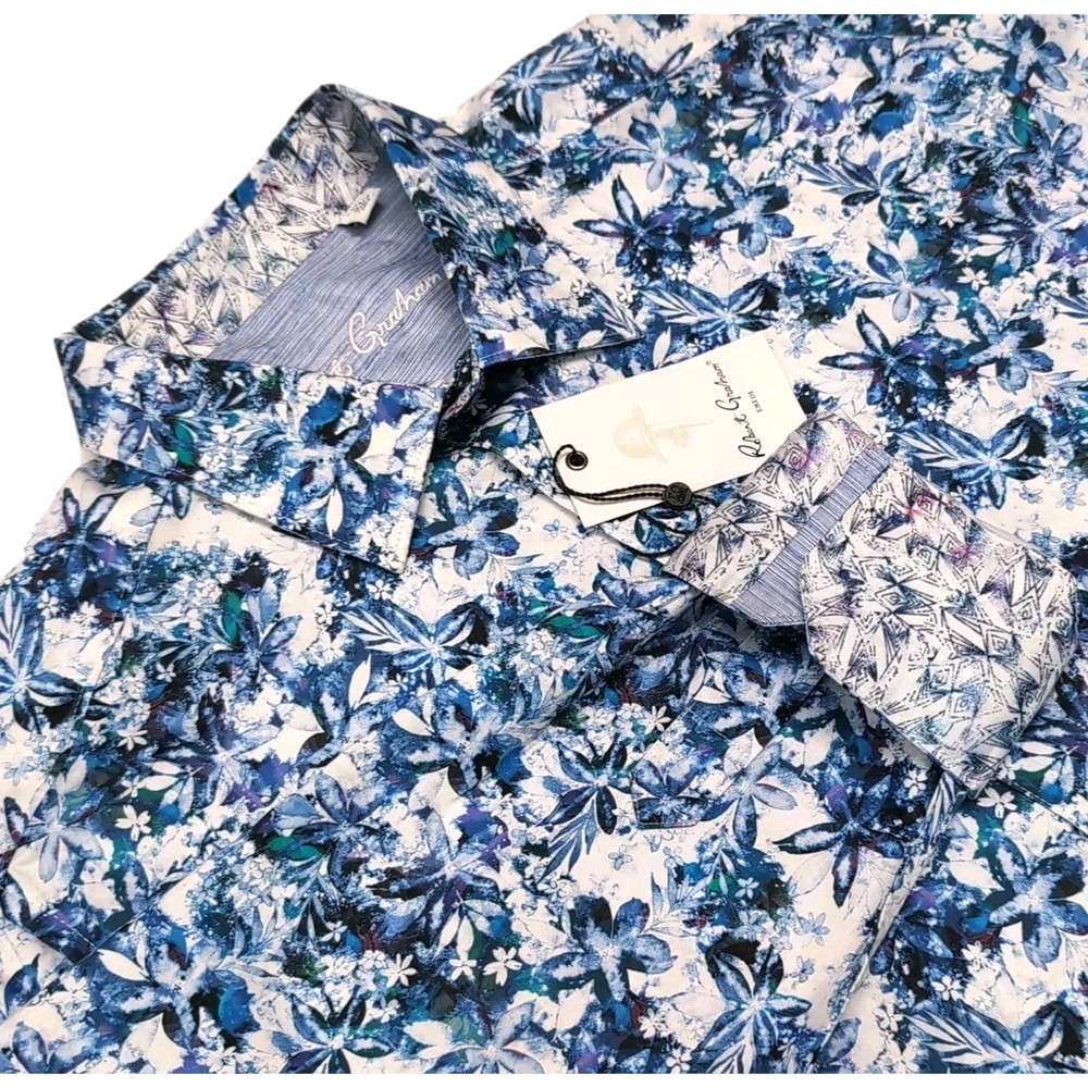 Robert Graham Ronson Flip Cuff Collar Shirt Mens XL Blue Floral Long Sleeve‎ NEW
